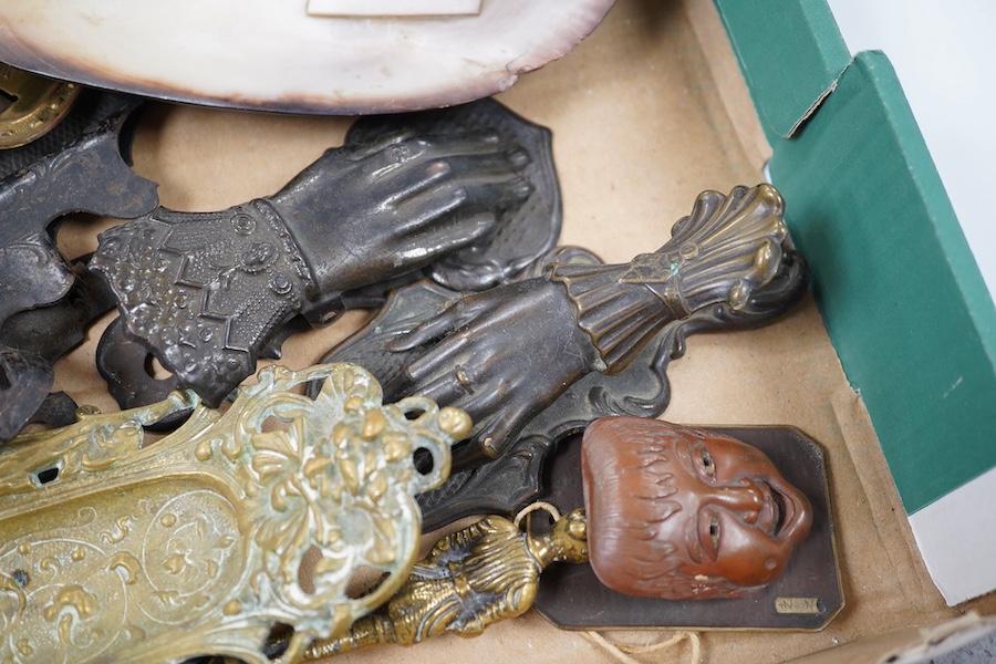 A collection of novelty hand and other desk paper clips, including a large mother of pearl shell, a pietra dura plaque and a brass pen stand, 22cm high. Condition - one poor but mostly fair to good